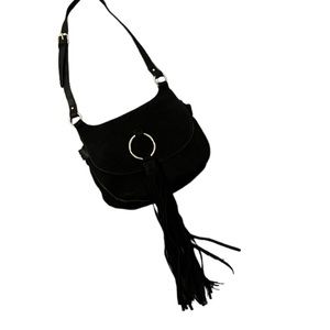 Inc suede black crossbody fringe flap bag